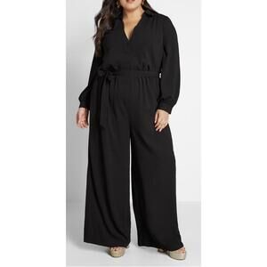 ModCloth Black Button Front Wide Leg Jumpsuit Belted Long Sleeve Women's Small